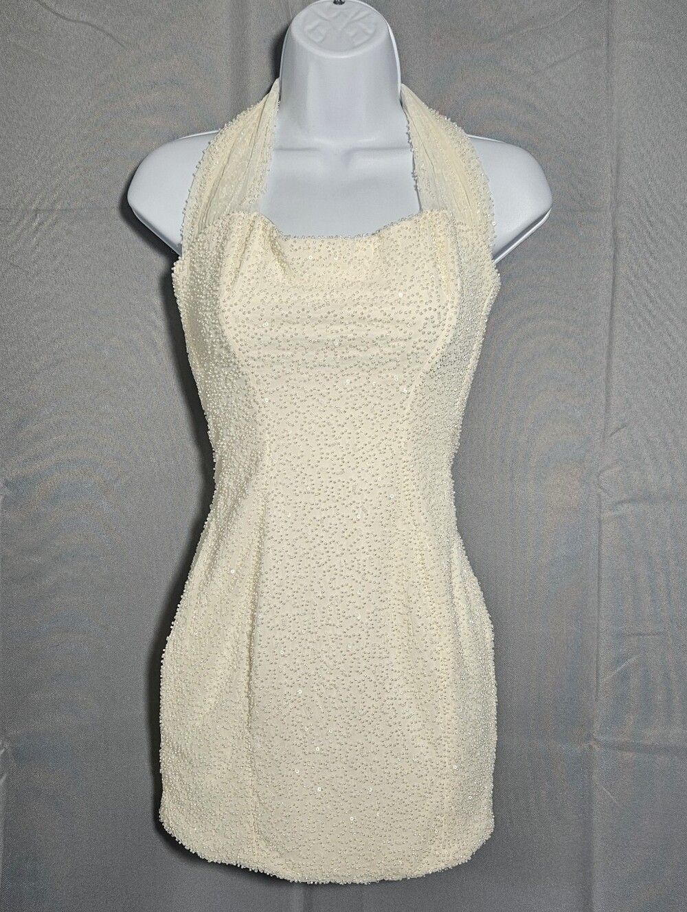 Oh Poly Coquette Bridal Glam Old Hollywood Beaded Sexy Halter Ivory Mini Sz 2